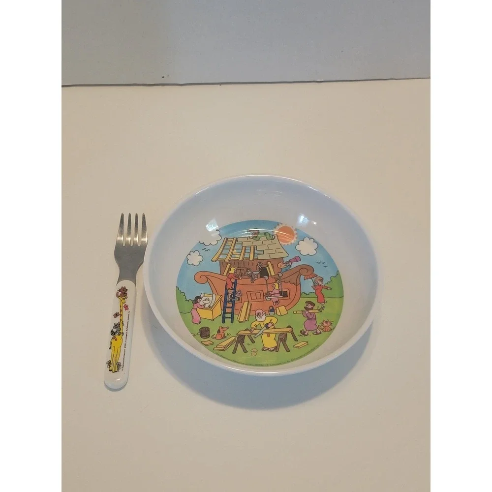 Vtg 90s Noah's Ark Children Cereal Bowl Zak Melamine Ware  Fork Beginner Bible